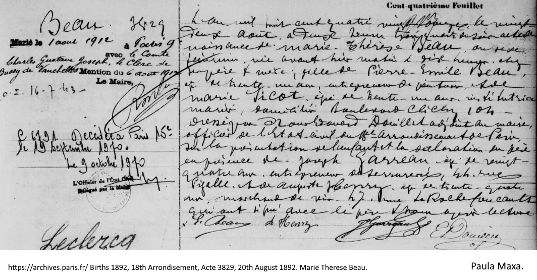 Birth record of Marie Thérèse Beau (Paula Maxa) showing marriage and death in side notes.